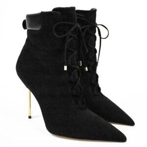 Good American Scandal Bootie Black Suede Pointy Toe Lace Up Stiletto